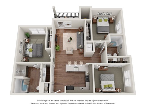 Floor plan for 3 beds, 2 baths, 1148 sqft